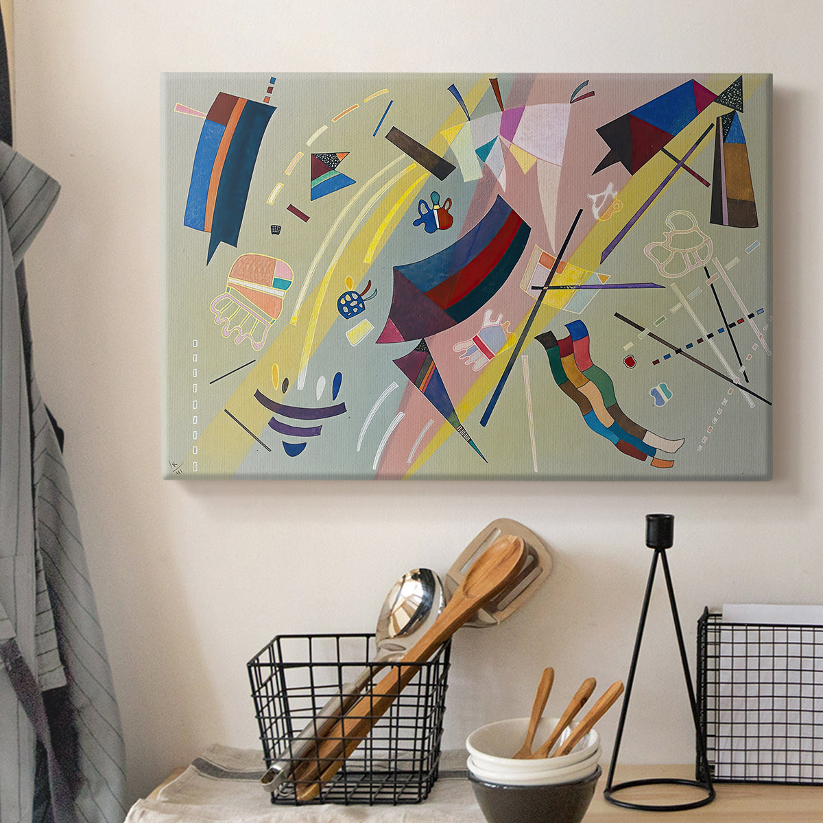 Canvas art print detailing a stylized composition focused on geometry and contrast, displayed in a softly lit workspace setting