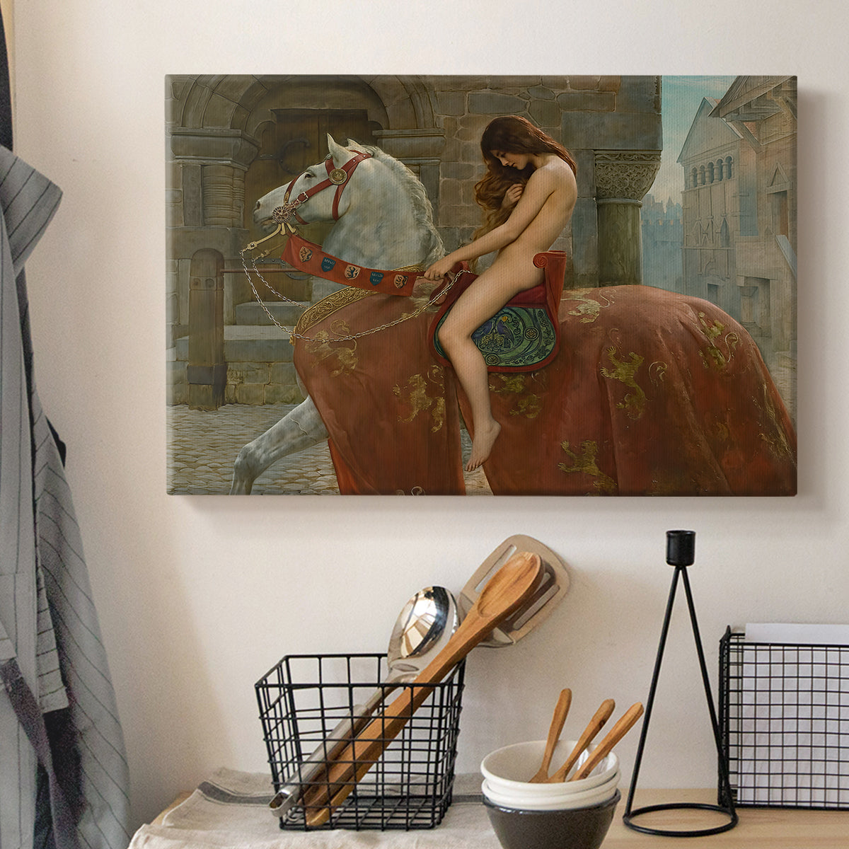 Canvas art print detailing a historical composition with figure and architecture, displayed in a softly lit workspace setting