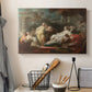 Canvas art print detailing a classical narrative scene with elegant surroundings, displayed in a softly lit workspace setting