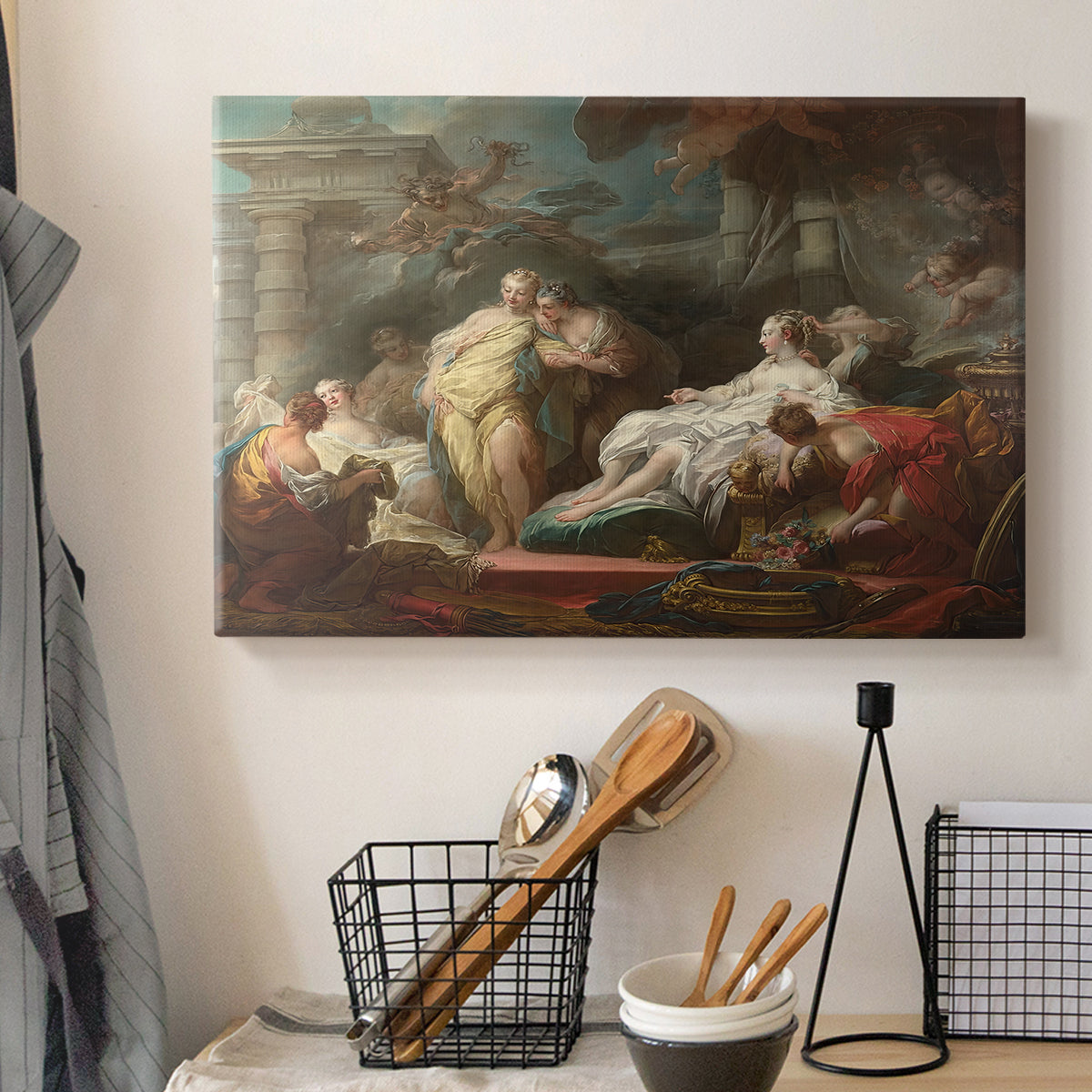 Canvas art print detailing a classical narrative scene with elegant surroundings, displayed in a softly lit workspace setting