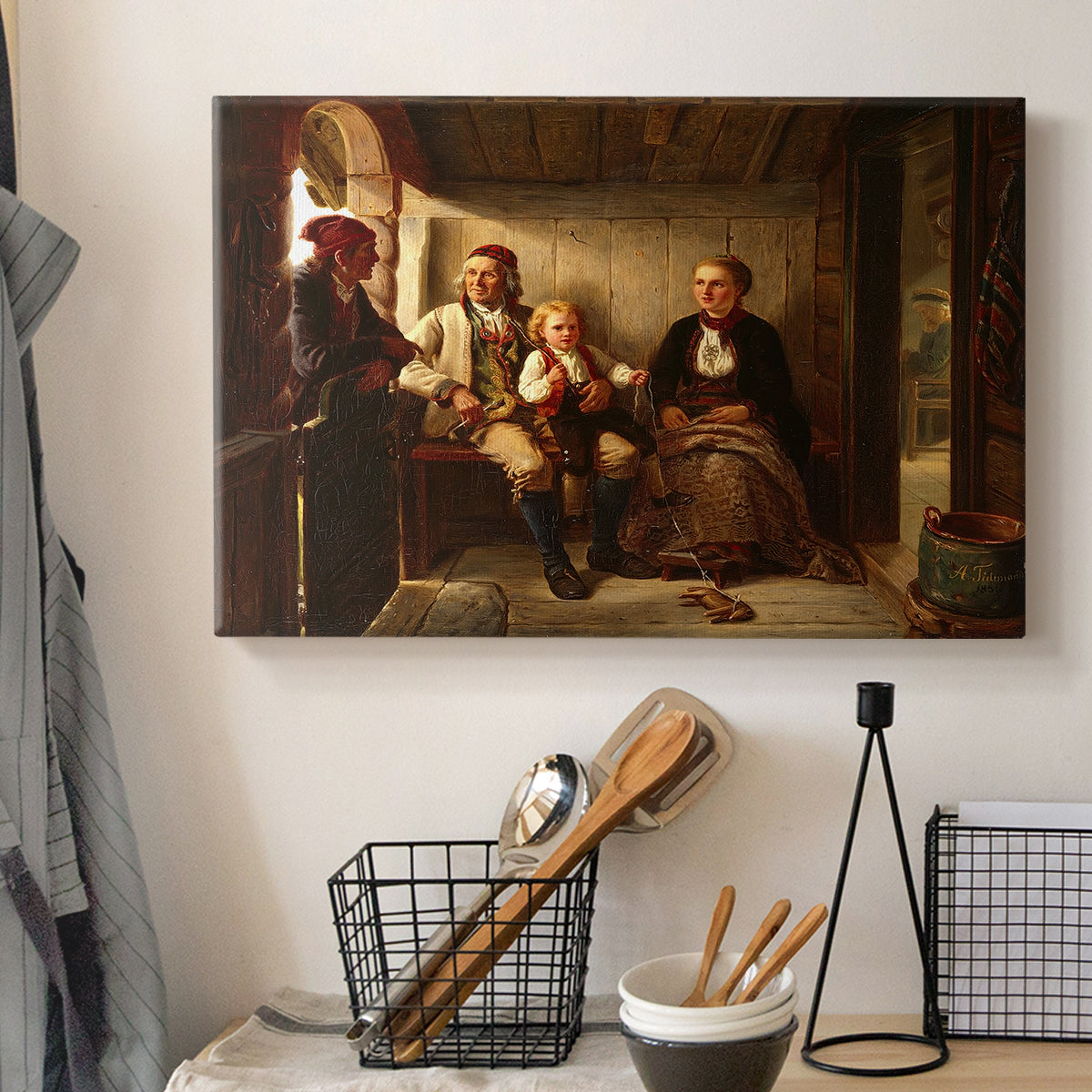Canvas art print detailing a realistic depiction of peasants gathered in a rustic home setting, displayed in a softly lit workspace setting