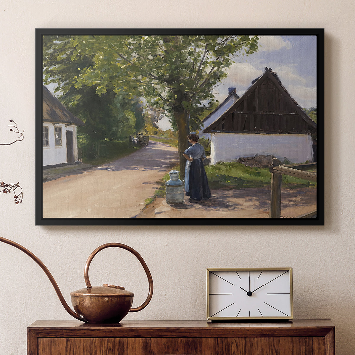 Danish Village Street with Woman and Milkman, 1880 - Floater Framed Canvas Print