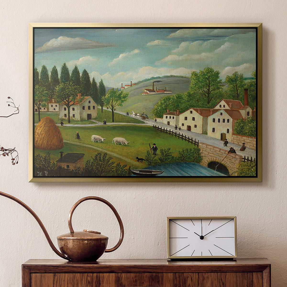 Pastoral Landscape with Stream, Fisherman and Strollers, 1875-1880 - Floater Framed Canvas Print