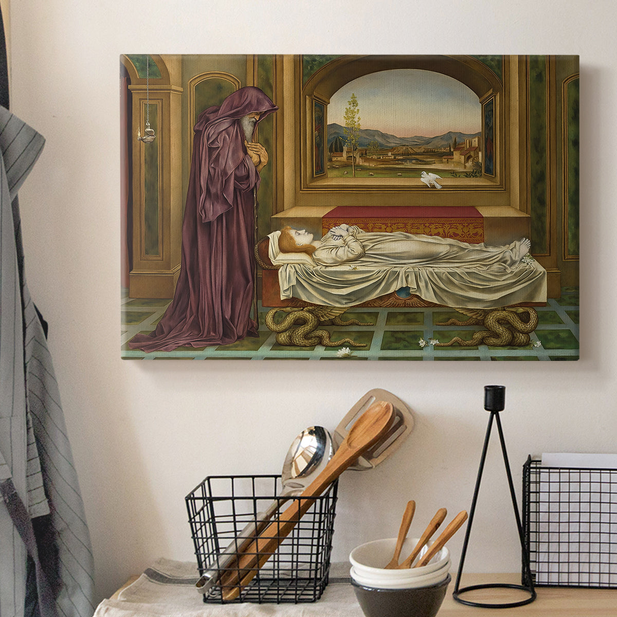 Canvas art print detailing a narrative composition with figure paused in reflective moment, displayed in a softly lit workspace setting