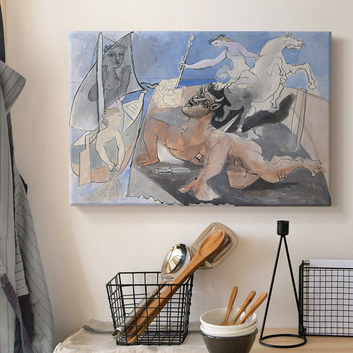 Canvas art print detailing a stylized mythological subject, displayed in a softly lit workspace setting