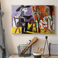 Canvas art print detailing a stylized interior with abstracted forms, displayed in a softly lit workspace setting