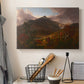Canvas art print detailing a landscape emphasizing atmosphere and depth, displayed in a softly lit workspace setting