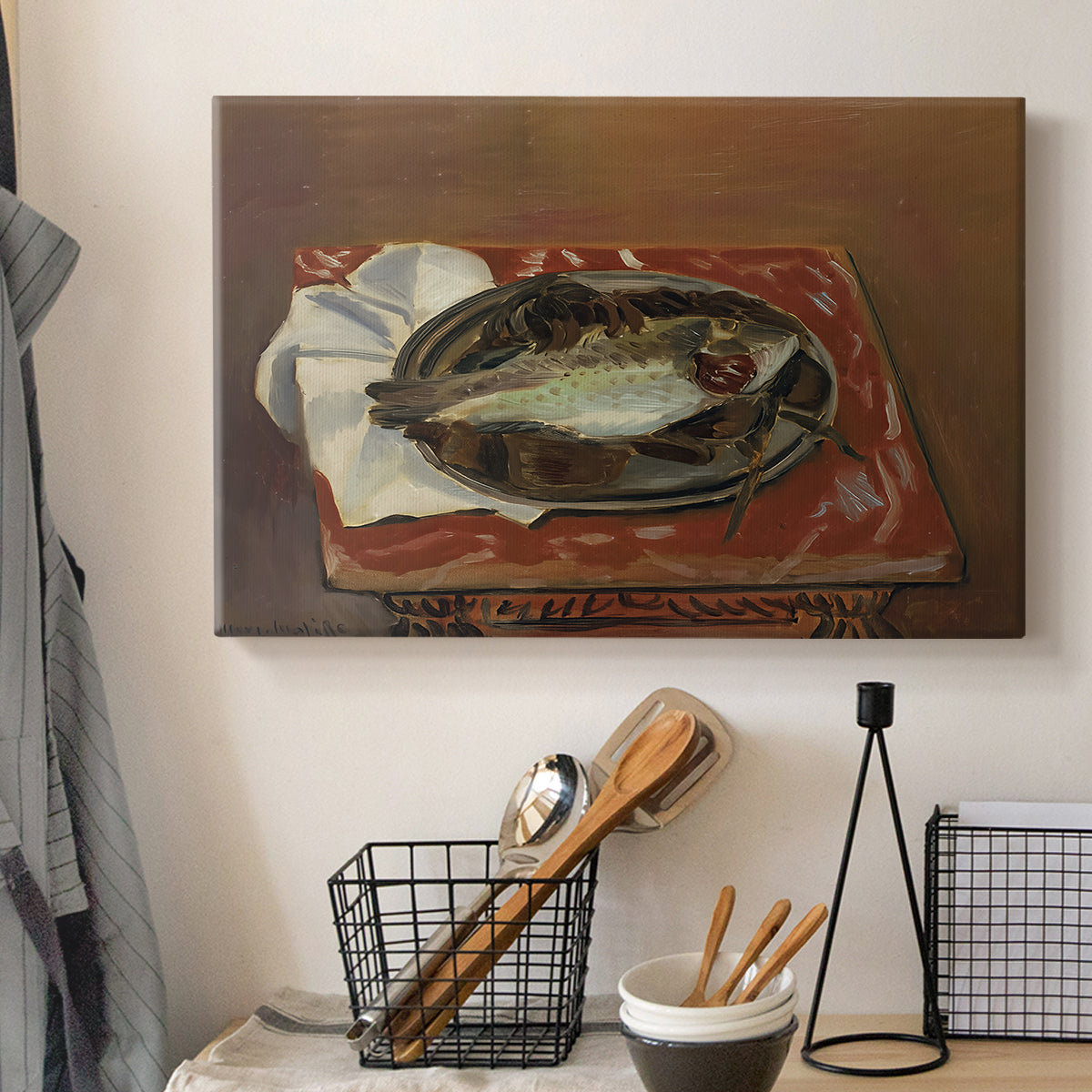 Canvas art print detailing a restrained still life of a fish in natural tones, displayed in a softly lit workspace setting