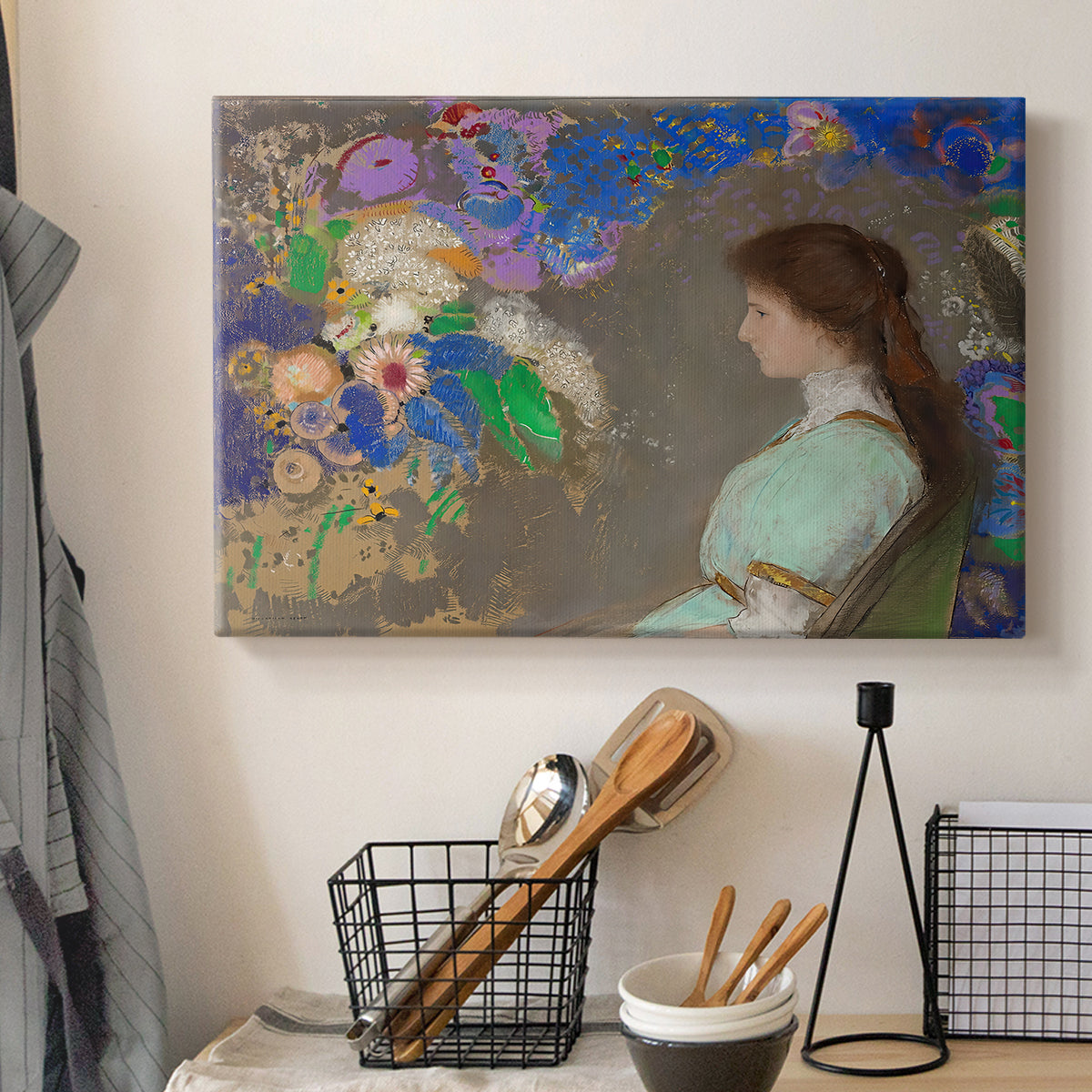 Canvas art print detailing a stylized portrait blending figure and abstraction, displayed in a softly lit workspace setting
