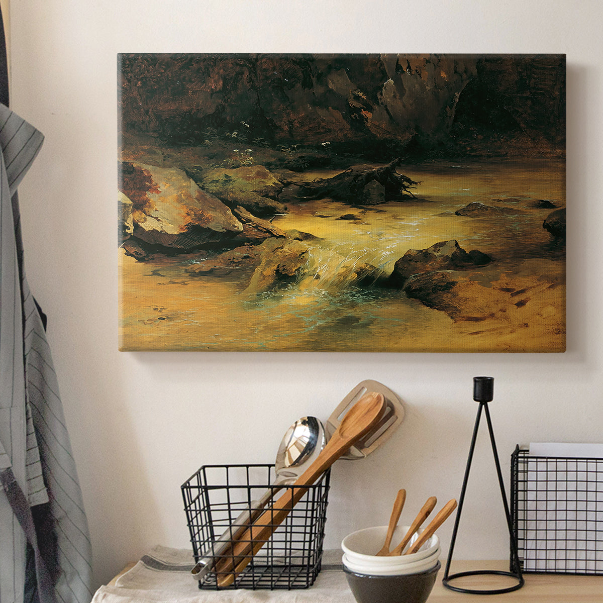 Canvas art print detailing a realistic forest stream, displayed in a softly lit workspace setting
