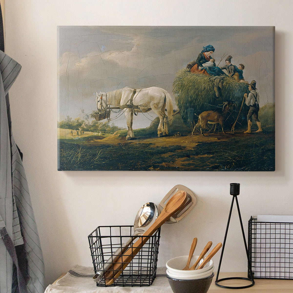Canvas art print detailing an agricultural composition, displayed in a softly lit workspace setting