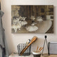 Canvas art print detailing dancers arranged on stage with visible set and depth, displayed in a softly lit workspace setting