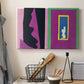Canvas art print detailing an abstract composition emphasizing movement and form, displayed in a softly lit workspace setting