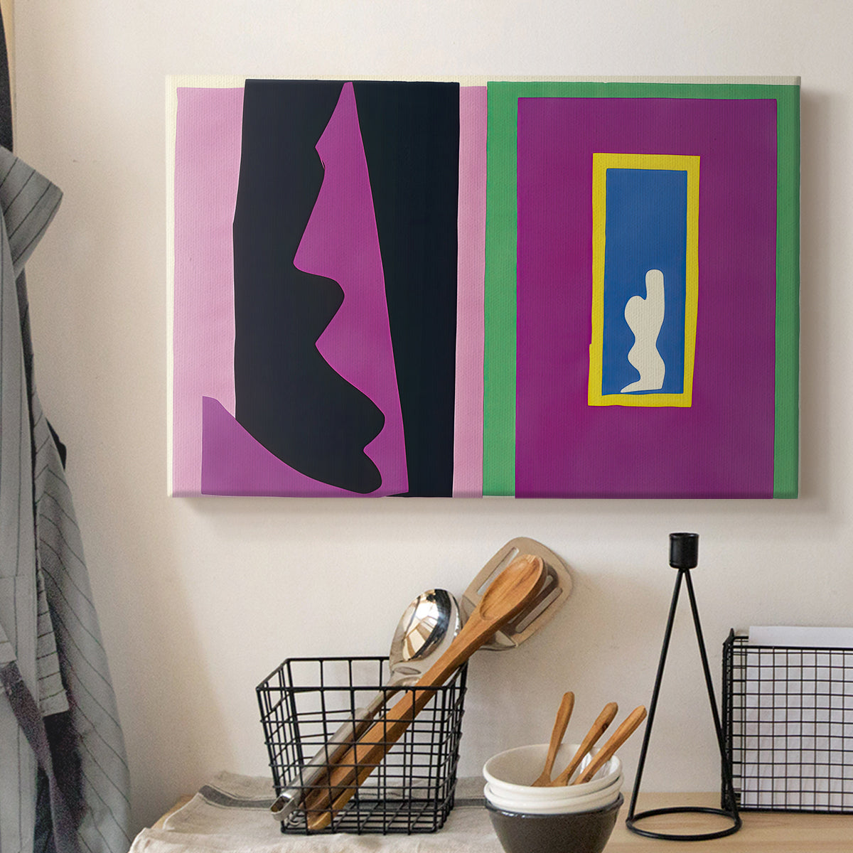 Canvas art print detailing an abstract composition emphasizing movement and form, displayed in a softly lit workspace setting