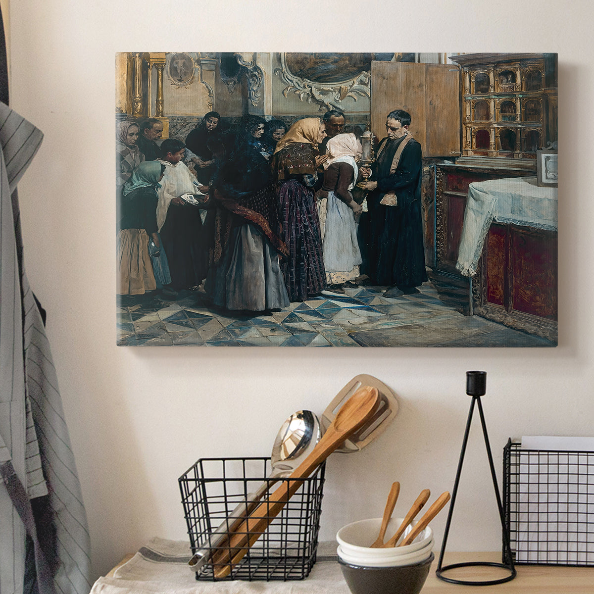 Canvas art print detailing a narrative composition centered on sacred object, displayed in a softly lit workspace setting