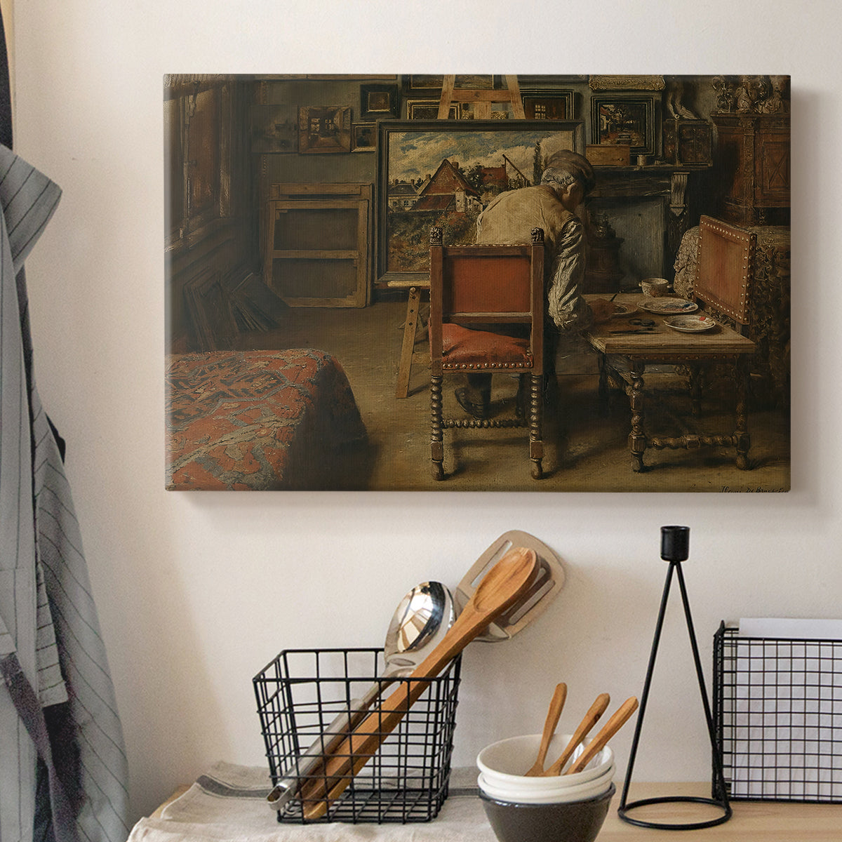 Canvas art print detailing a quiet workspace with figure engaged in artistic task, displayed in a softly lit workspace setting