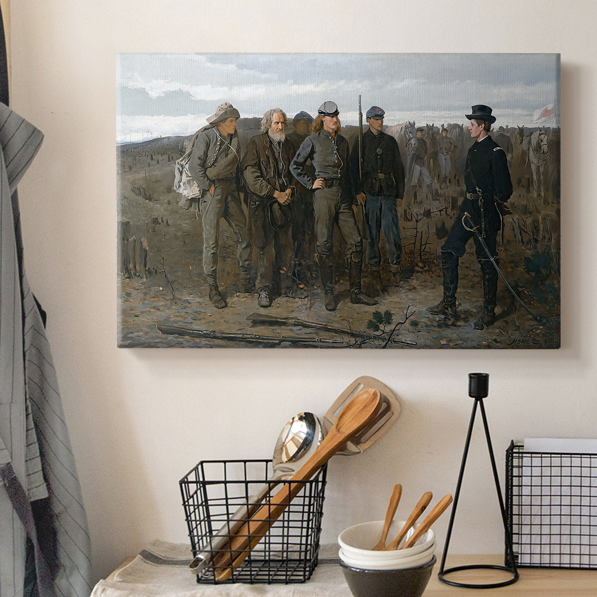 Canvas art print detailing an outdoor group scene centered on military interaction, displayed in a softly lit workspace setting