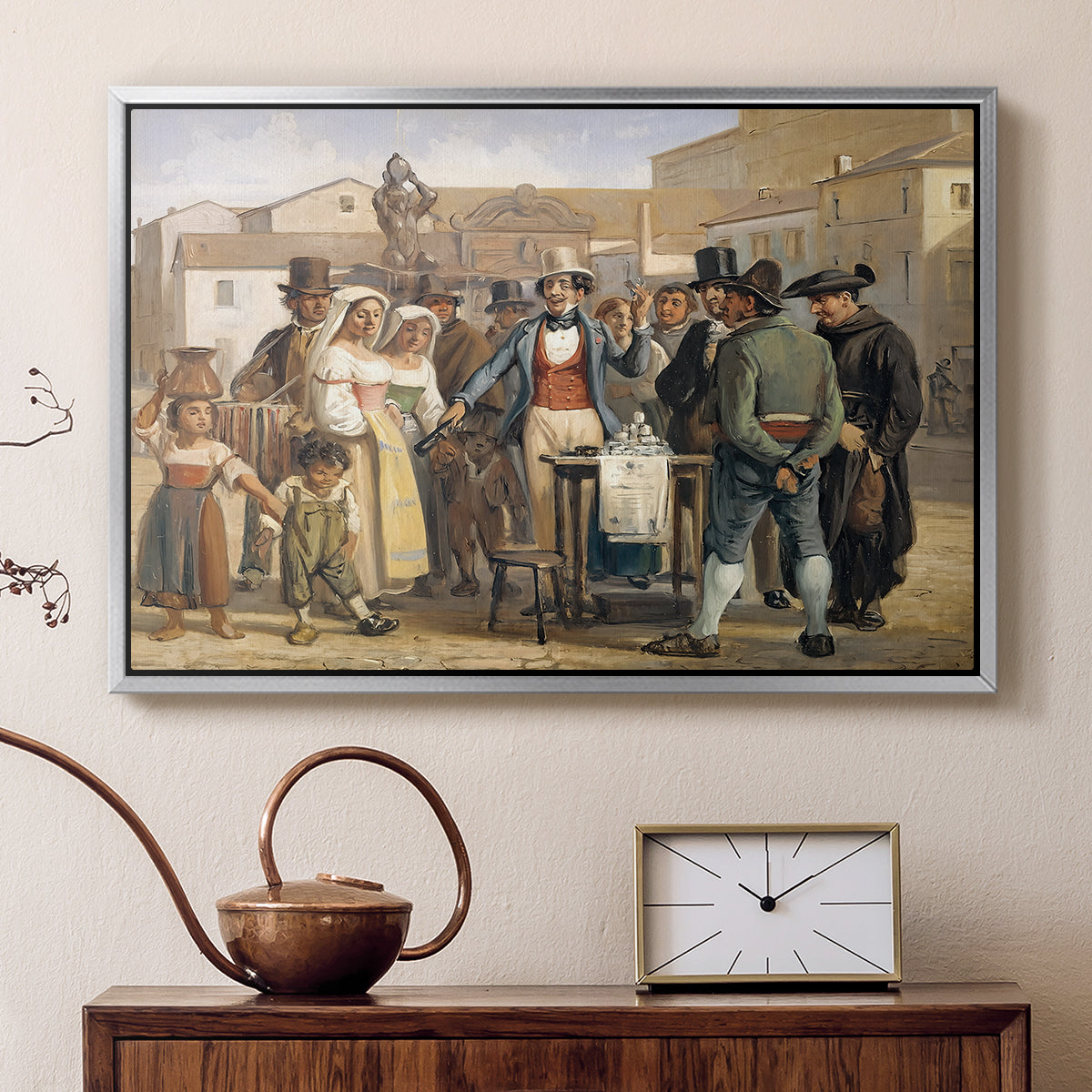 A Charlatan Selling Blacking in the Piazza Barberini in Rome, c. 1840-1849 - Floater Framed Canvas Print
