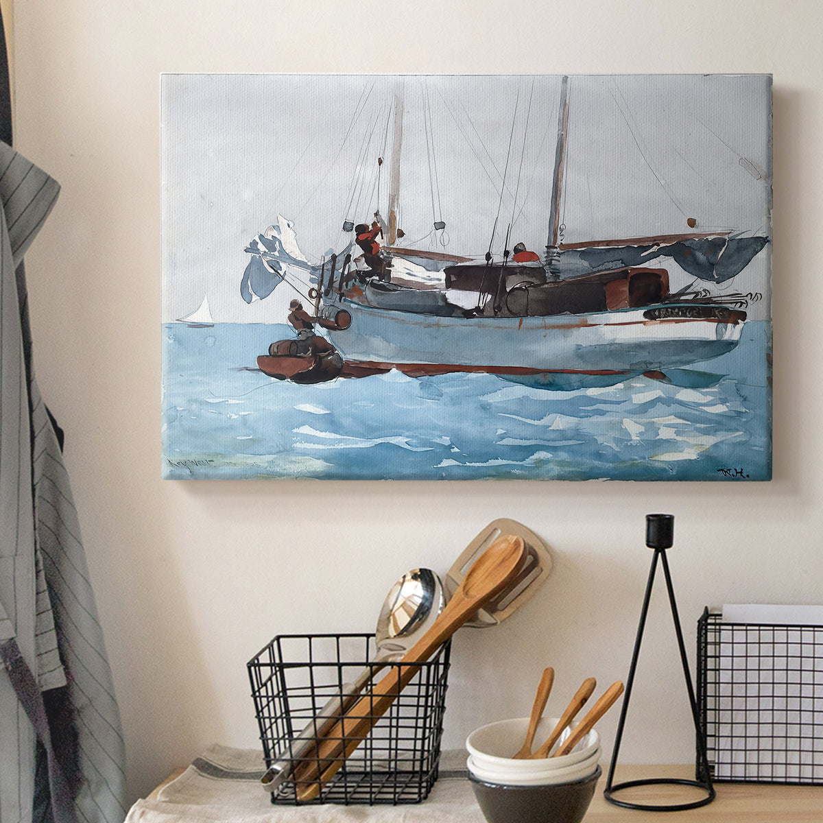 Canvas art print detailing a working vessel scene with people balancing on moving water, displayed in a softly lit workspace setting
