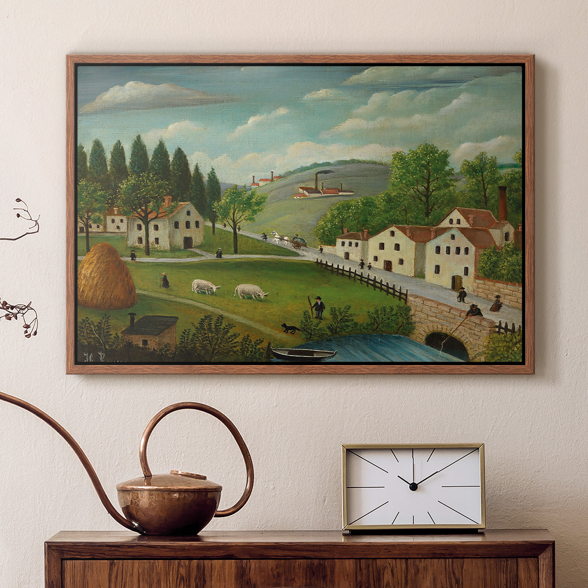 Pastoral Landscape with Stream, Fisherman and Strollers, 1875-1880 - Floater Framed Canvas Print