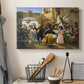 Canvas art print detailing an interior composition filled with figures in festive interaction, displayed in a softly lit workspace setting