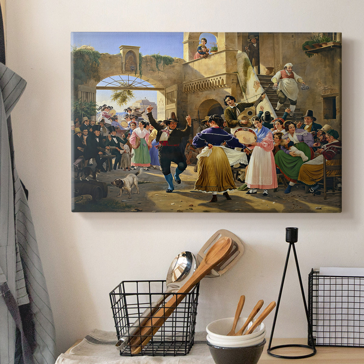 Canvas art print detailing an interior composition filled with figures in festive interaction, displayed in a softly lit workspace setting