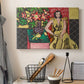Canvas art print detailing a stylized composition of a woman next to a flower vase, displayed in a softly lit workspace setting