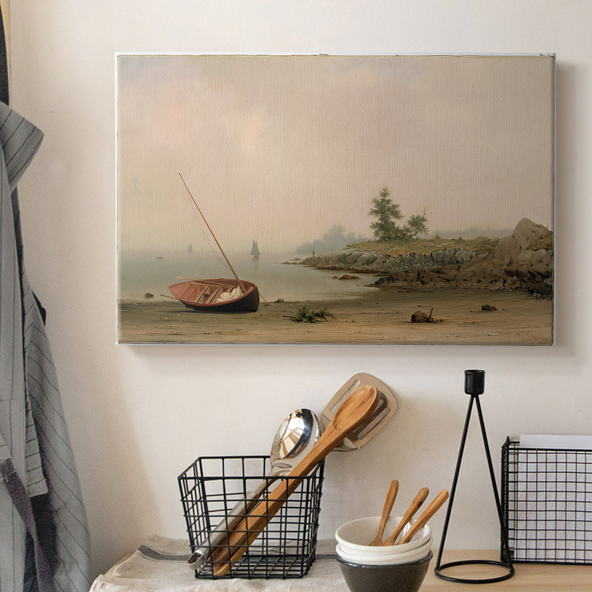Canvas art print detailing a luminist composition emphasizing stillness and light, displayed in a softly lit workspace setting