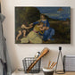 Canvas art print detailing a sacred image of Madonna and child against serene landscape backdrop, displayed in a softly lit workspace setting