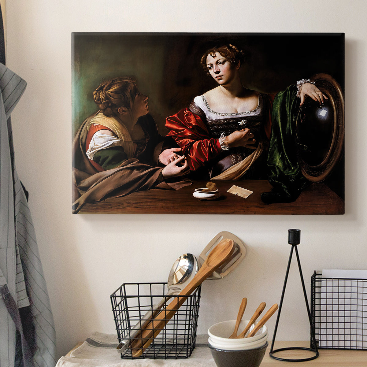Canvas art print detailing a religious interior scene with figures engaged in thoughtful dialogue, displayed in a softly lit workspace setting