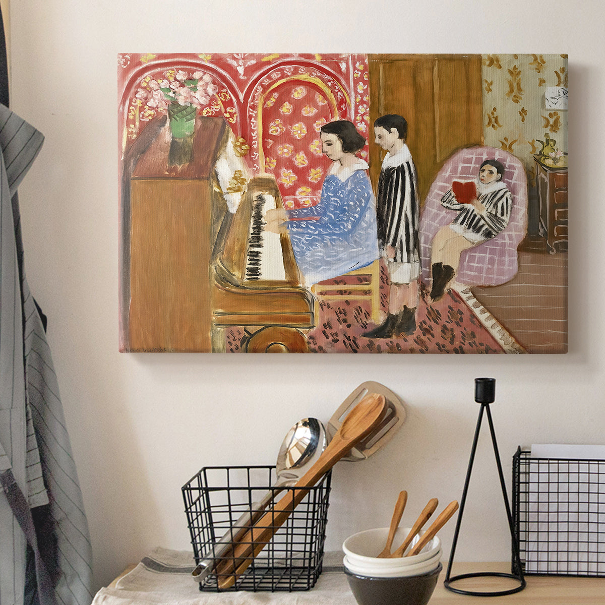 Canvas art print detailing a stylized room scene of a lesson, displayed in a softly lit workspace setting