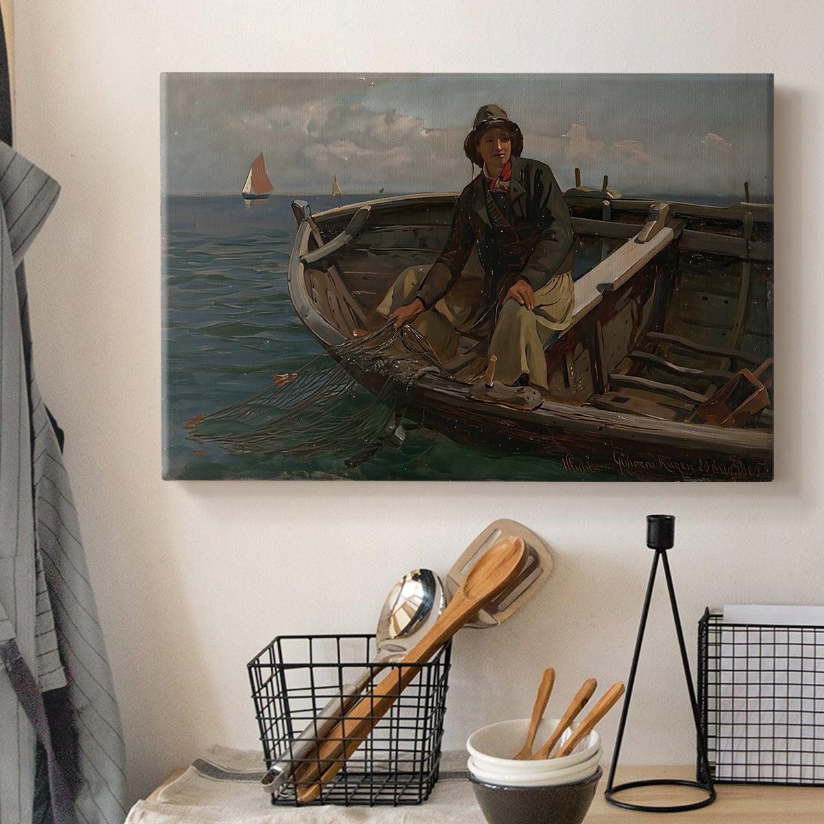 Canvas art print detailing a maritime scene with people working on water, displayed in a softly lit workspace setting