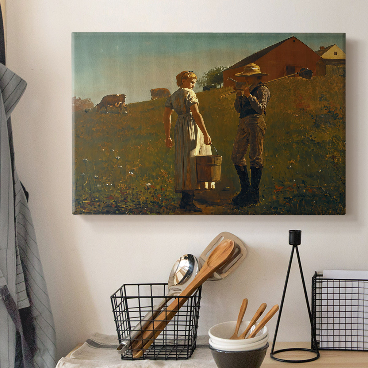 Canvas art print detailing an open field setting with human interaction and distant horizon, displayed in a softly lit workspace setting