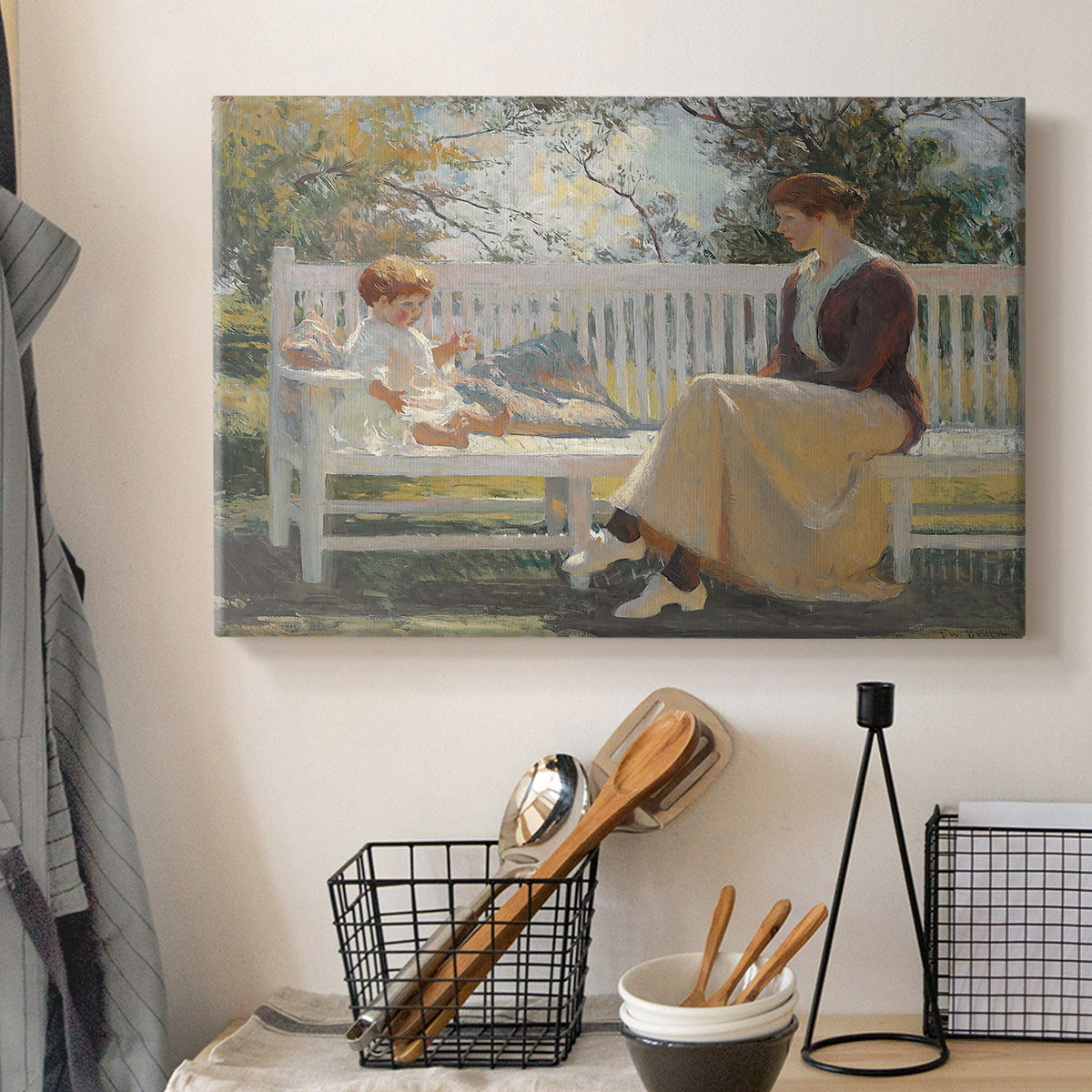 Canvas art print detailing an outdoor figure study with gentle interaction, displayed in a softly lit workspace setting