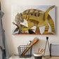 Canvas art print detailing a cubist depiction of animal capturing bird, displayed in a softly lit workspace setting