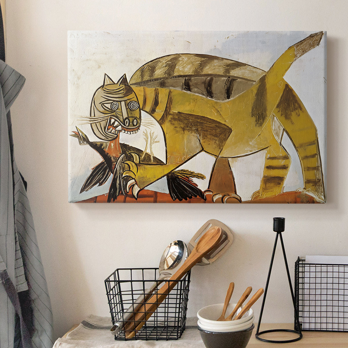 Canvas art print detailing a cubist depiction of animal capturing bird, displayed in a softly lit workspace setting