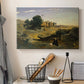 Canvas art print detailing a subdued composition combining figure and wilderness, displayed in a softly lit workspace setting