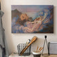 Canvas art print detailing a symbolic scene of figure surrounded by evening tones, displayed in a softly lit workspace setting