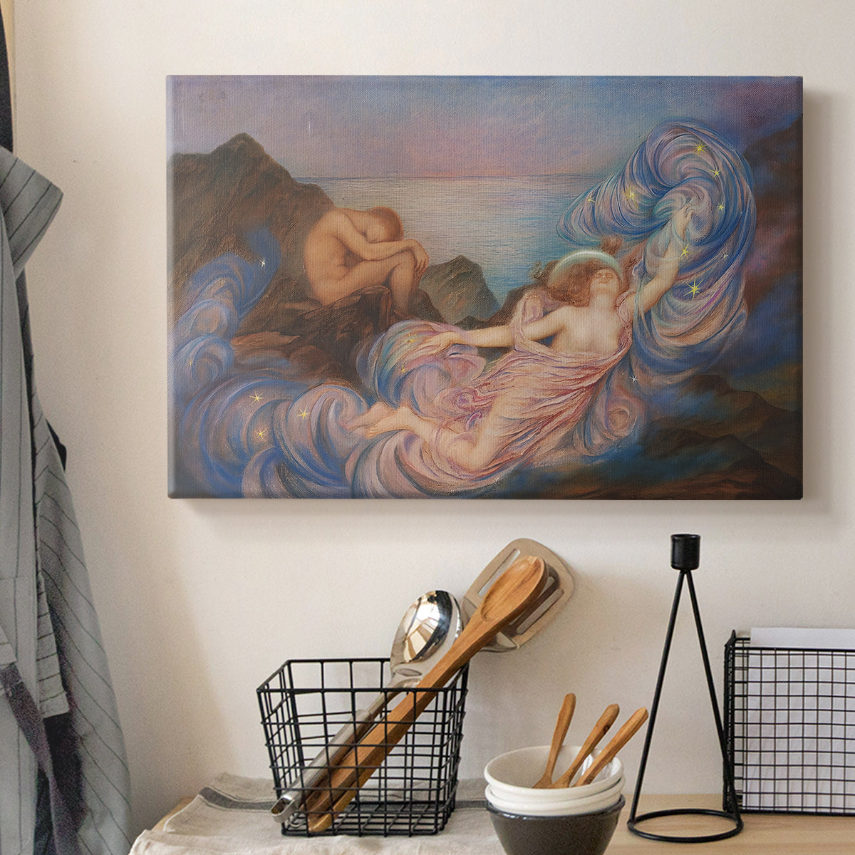 Canvas art print detailing a symbolic scene of figure surrounded by evening tones, displayed in a softly lit workspace setting