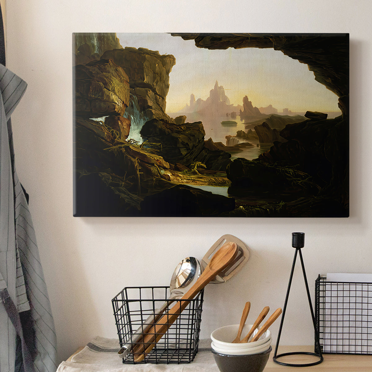 Canvas art print detailing an expressive composition showing aftermath of flood, displayed in a softly lit workspace setting