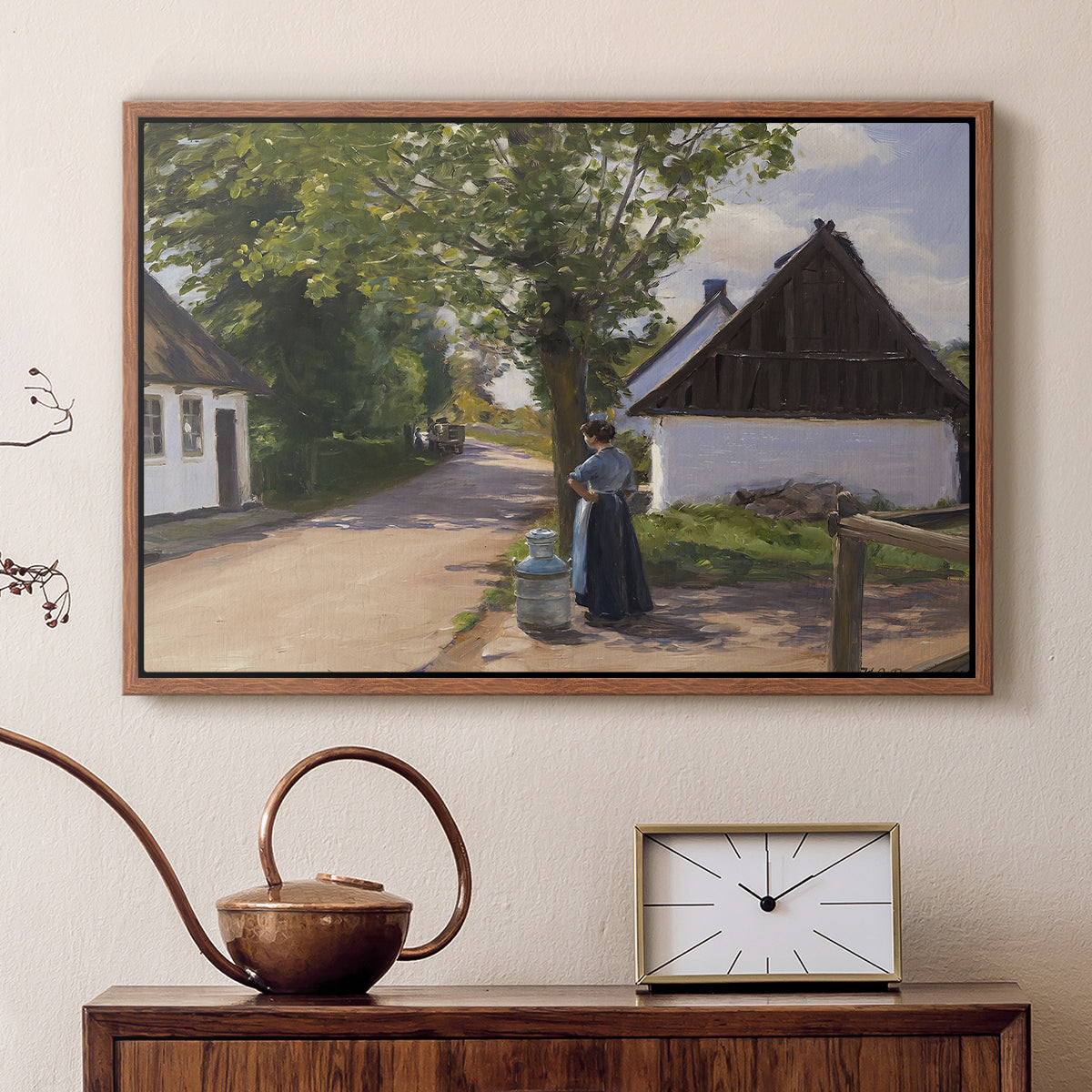 Danish Village Street with Woman and Milkman, 1880 - Floater Framed Canvas Print