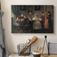 Canvas art print detailing an interior group portrait with seated and standing figures, displayed in a softly lit workspace setting