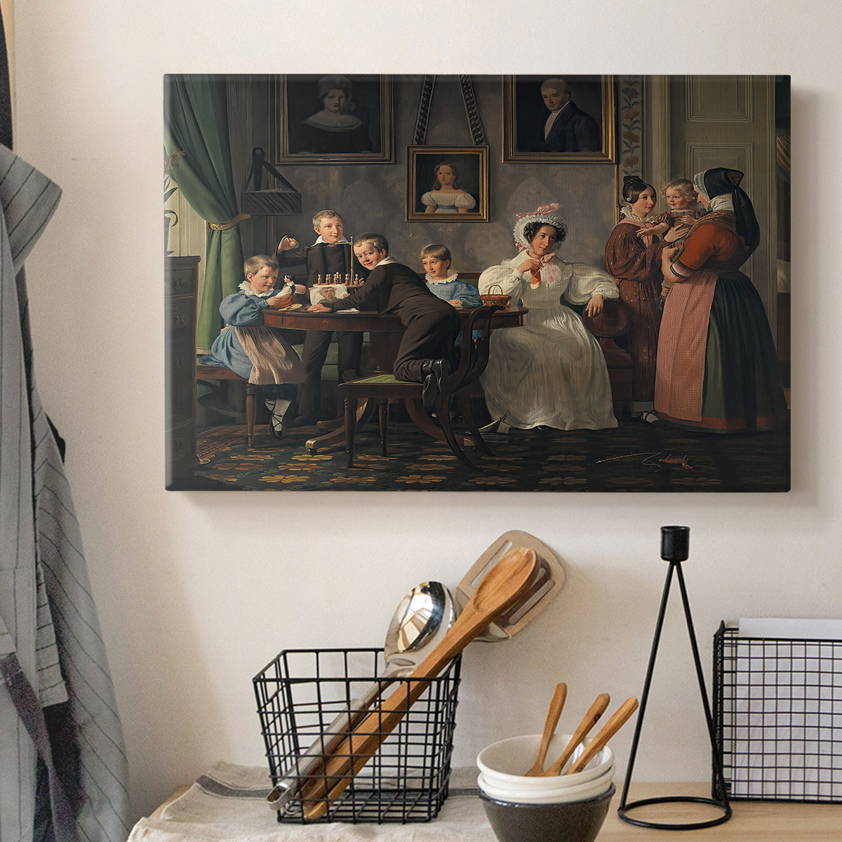 Canvas art print detailing an interior group portrait with seated and standing figures, displayed in a softly lit workspace setting