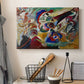 Canvas art print detailing an abstract study focusing on interplay of line and color, displayed in a softly lit workspace setting