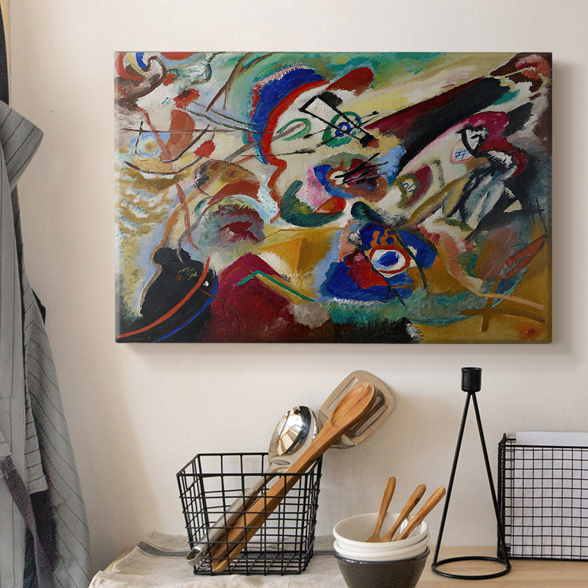 Canvas art print detailing an abstract study focusing on interplay of line and color, displayed in a softly lit workspace setting
