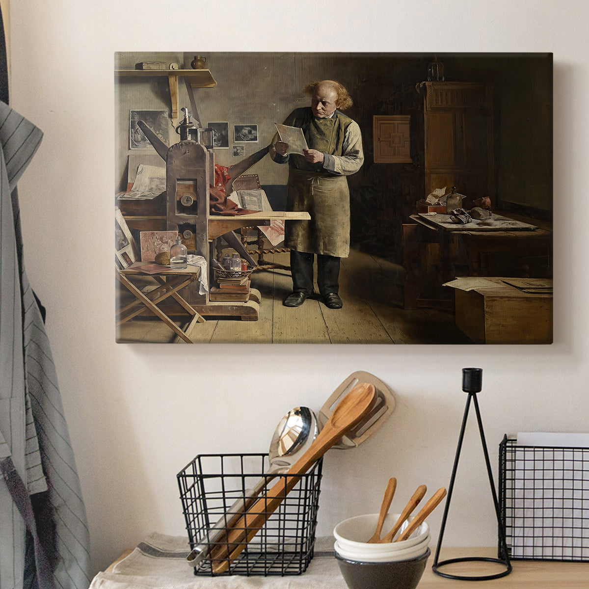Canvas art print detailing a realistic depiction of artisan at work with tools, displayed in a softly lit workspace setting