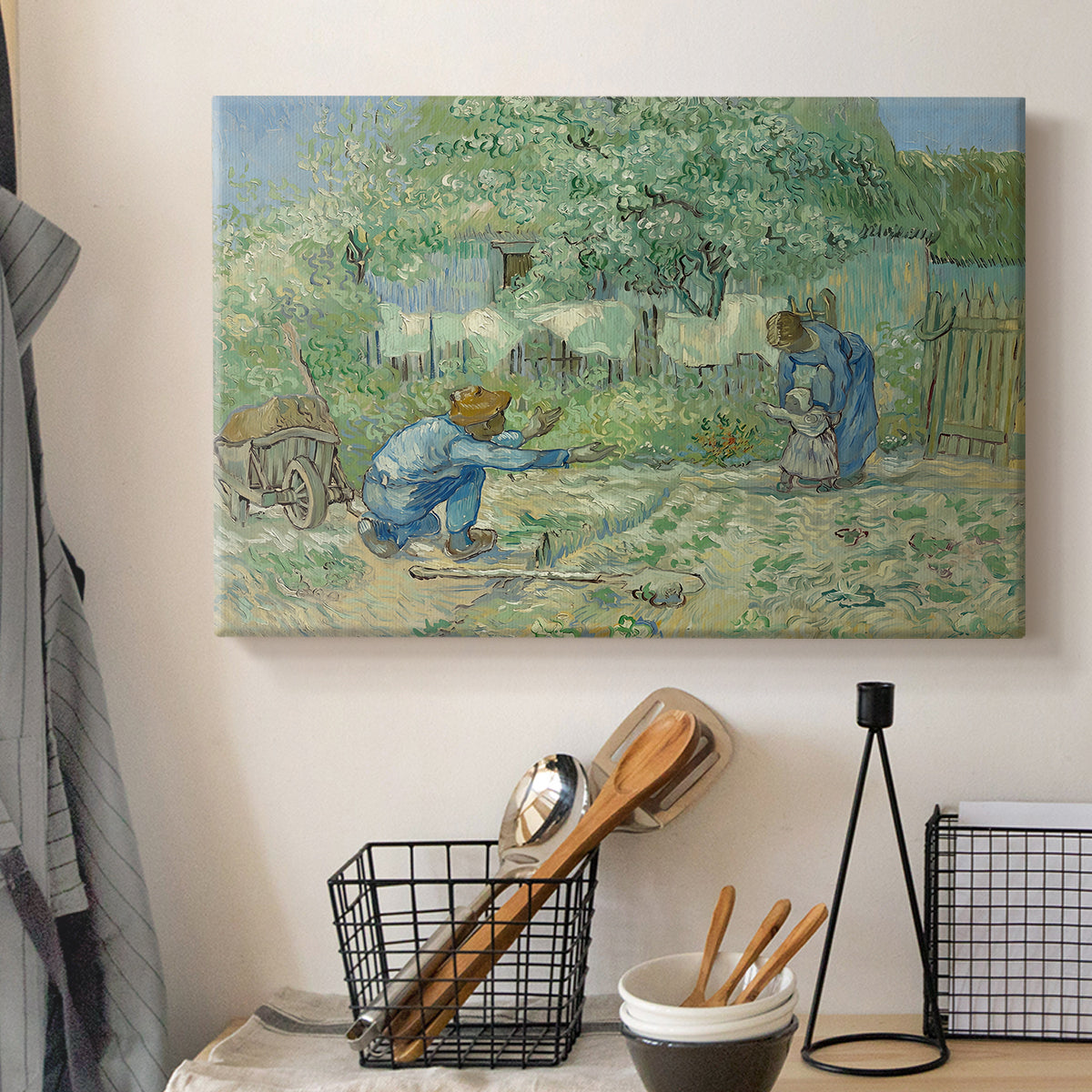 Canvas art print detailing a pastoral composition showing early childhood moment, displayed in a softly lit workspace setting