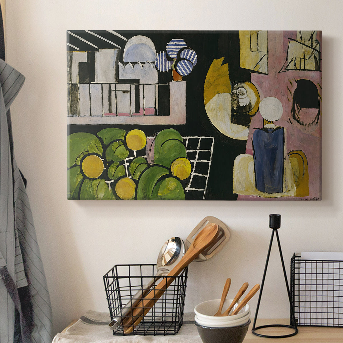 Canvas art print detailing a stylized interior-exterior scene, displayed in a softly lit workspace setting