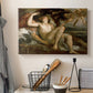 Canvas art print detailing a classical figure scene featuring Venus, Mars, and Cupid, displayed in a softly lit workspace setting