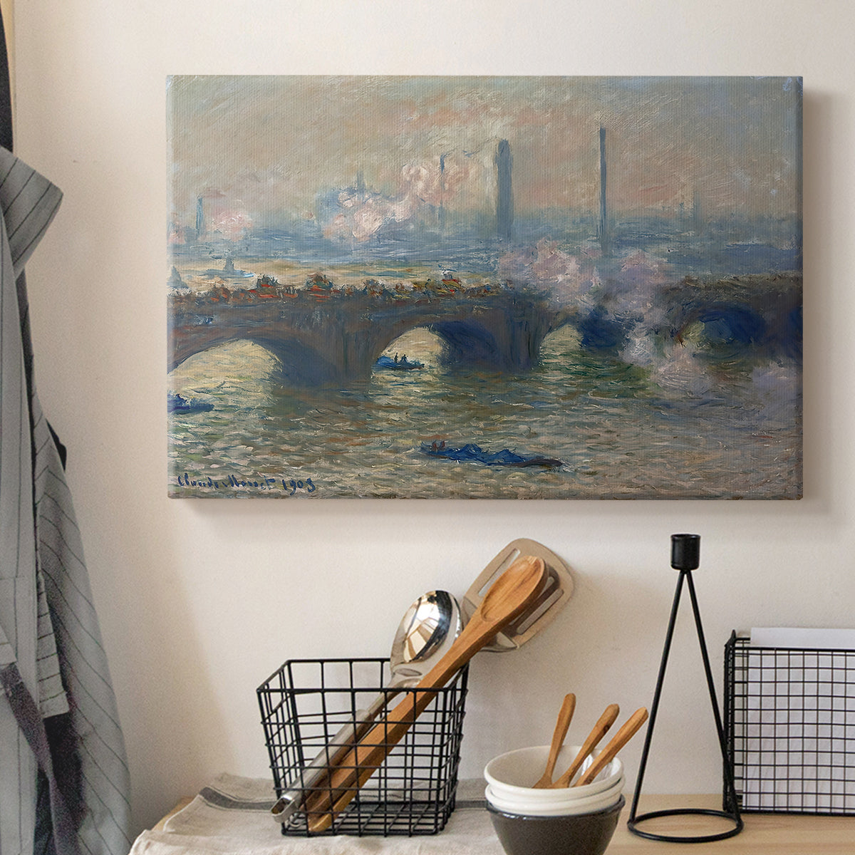 Canvas art print detailing a foggy London bridge view with softened architectural forms, displayed in a softly lit workspace setting